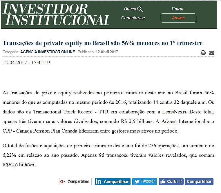 Transaes de private equity no Brasil so 56% menores no 1 trimestre